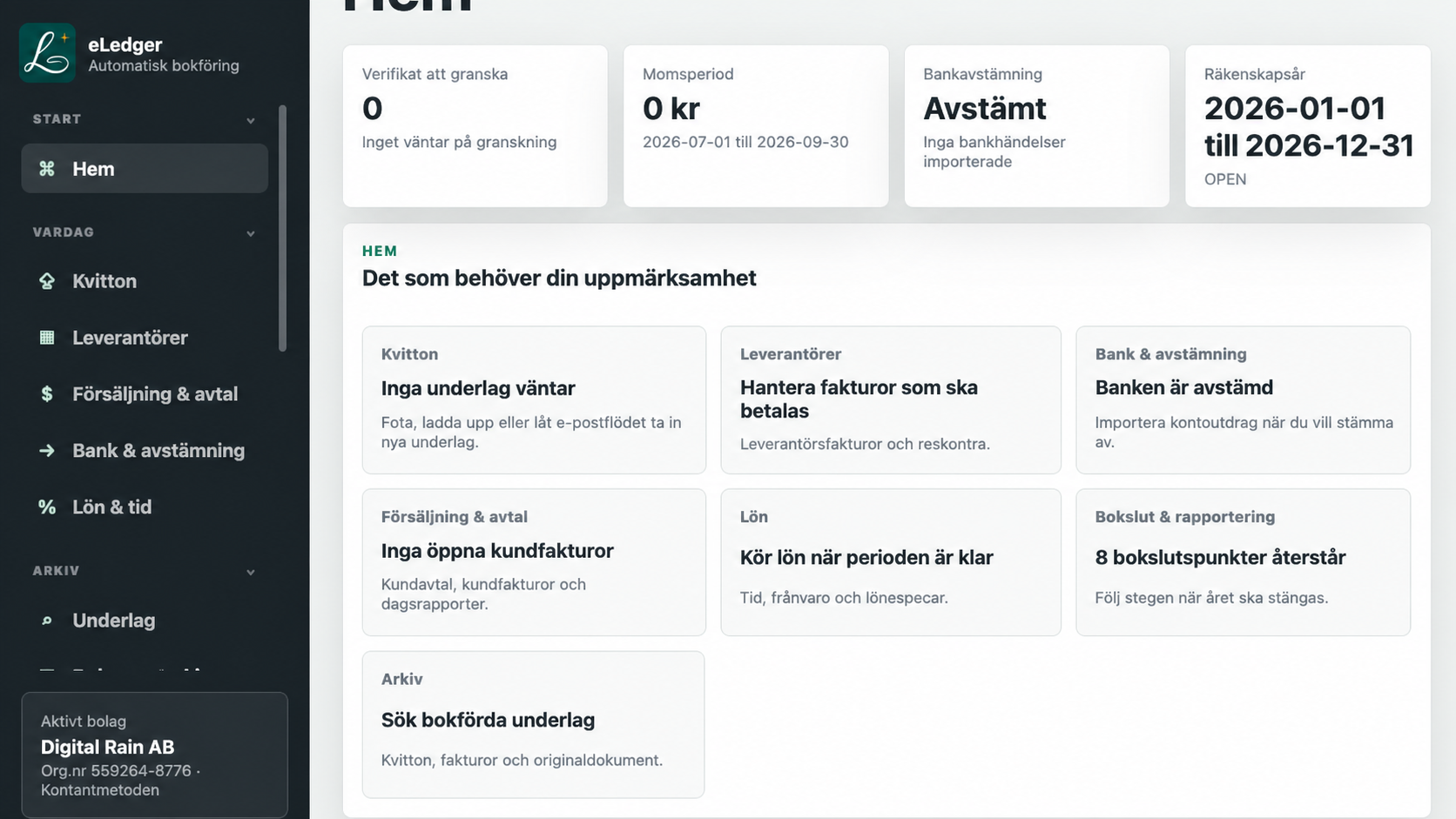 eLedgers startsida med företagets viktigaste arbetsområden